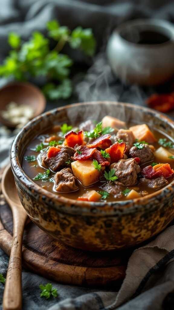 A bowl of beef and bacon soup garnished with parsley.