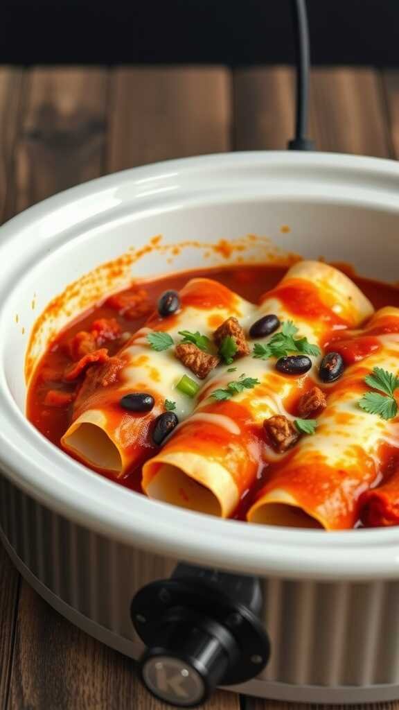 Delicious beef and bean enchiladas in a slow cooker.