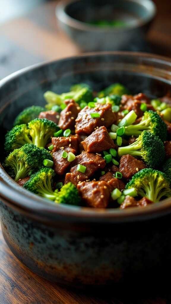 A delicious beef and broccoli dish served in a crockpot, showcasing tender beef and vibrant broccoli.