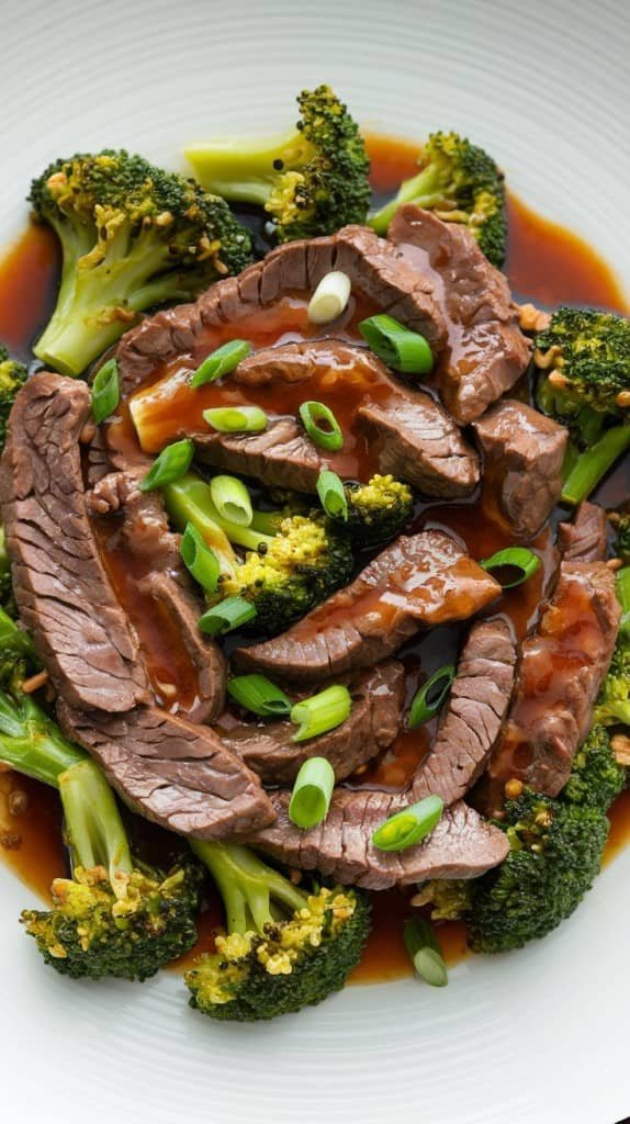 Slices of beef coated in sauce are arranged on a white plate with vibrant green broccoli and garnished with fresh green onions, conveying a savory and appetizing dish.