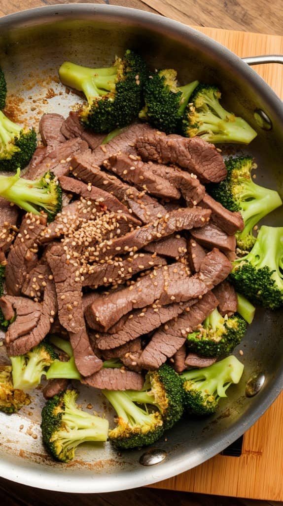 A skillet filled with cooked beef strips topped with sesame seeds, surrounded by vibrant broccoli florets. The dish appears savory and appetizing.