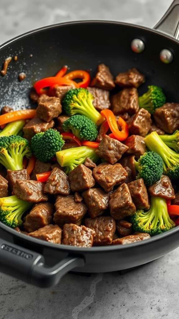 A vibrant beef and broccoli stir-fry featuring tender beef cubes, fresh broccoli, and colorful red peppers, all in a savory sauce.