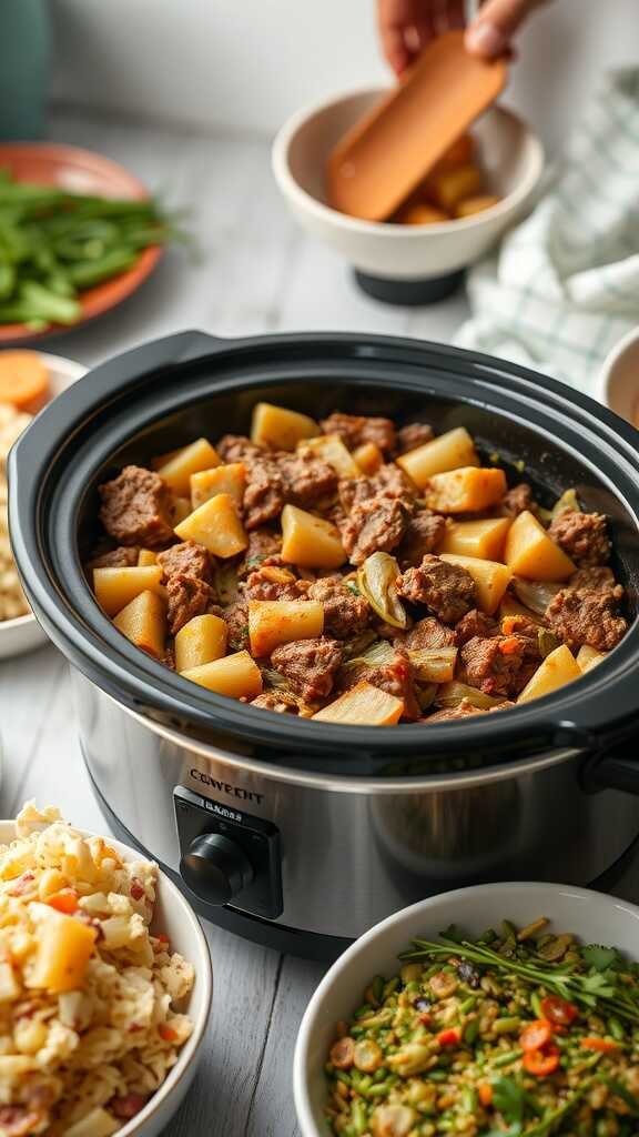 A delicious Beef and Cabbage Casserole prepared in a crockpot, showcasing tender beef and vibrant cabbage.