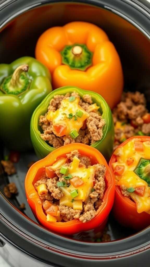 Colorful beef and cheese stuffed peppers in a slow cooker.