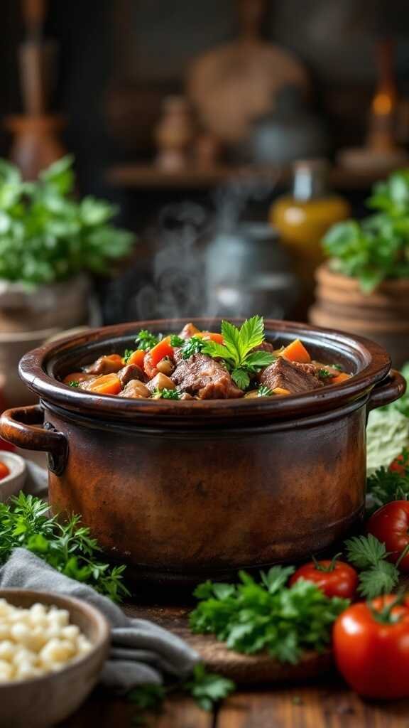 A hearty bowl of beef and duck stew garnished with fresh herbs.