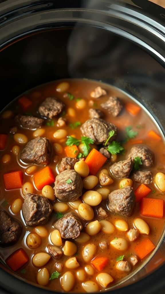 A hearty beef and lentil stew with carrots and herbs in a crockpot.