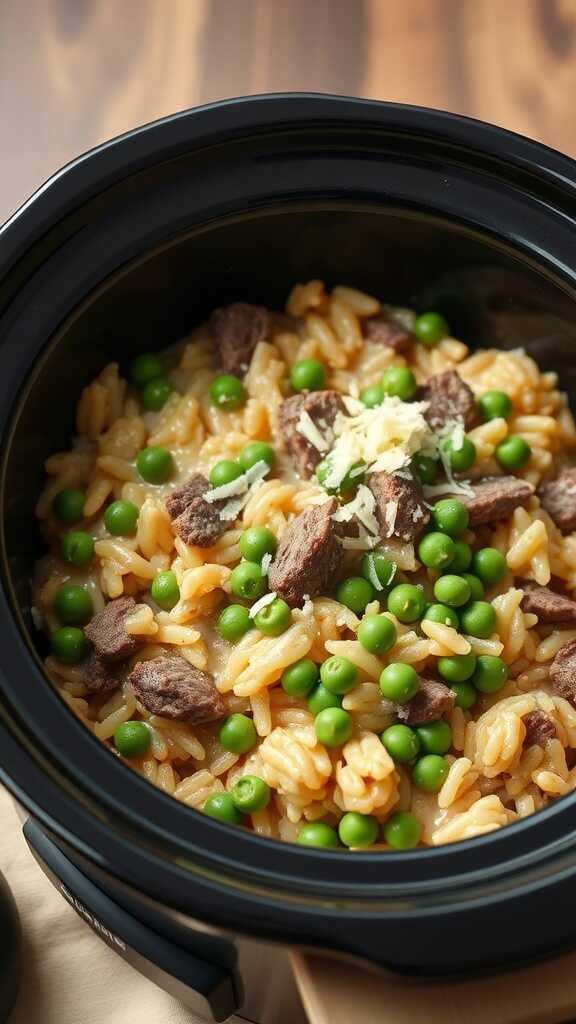 Creamy beef and pea risotto in a slow cooker