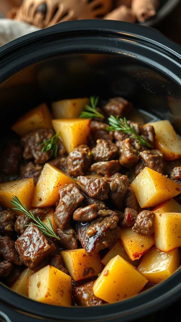 A hearty beef and potato hash in a crockpot, showcasing tender beef and golden potatoes.