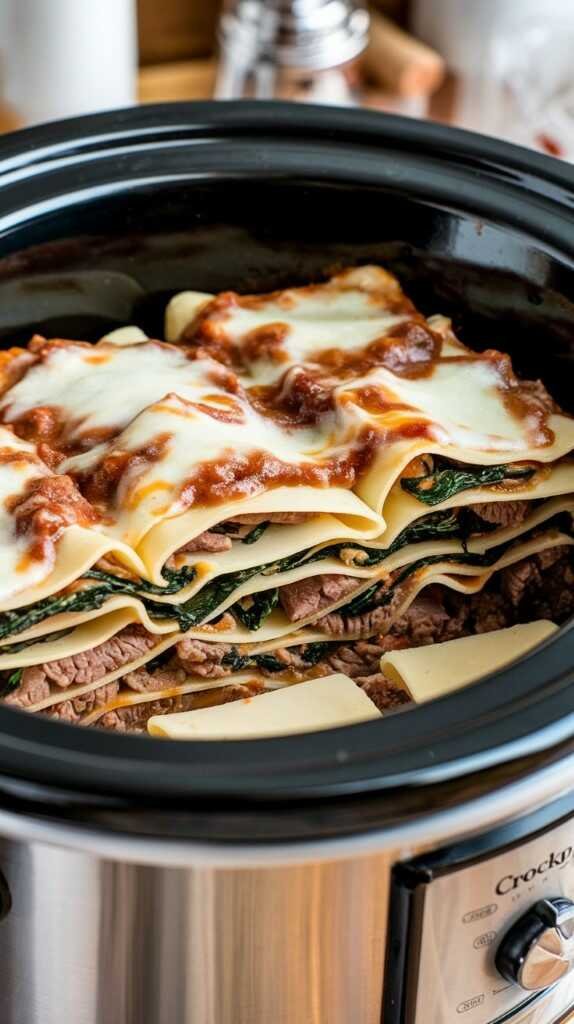 beef and spinach lasagne in a crockpot