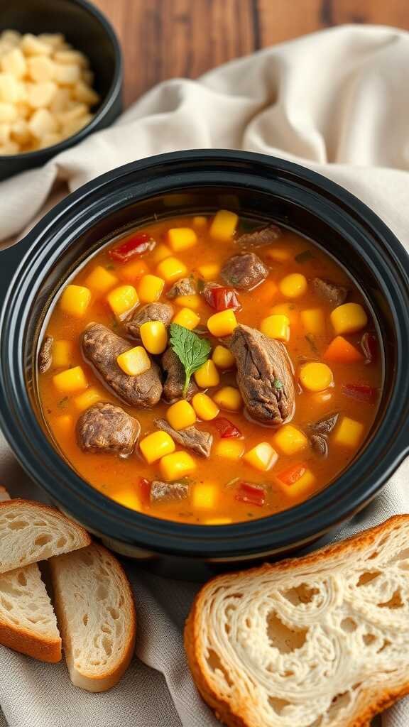 A bowl of beef and sweet corn soup with slices of bread on the side.