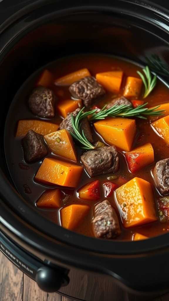 A hearty beef and sweet potato stew in a black slow cooker.