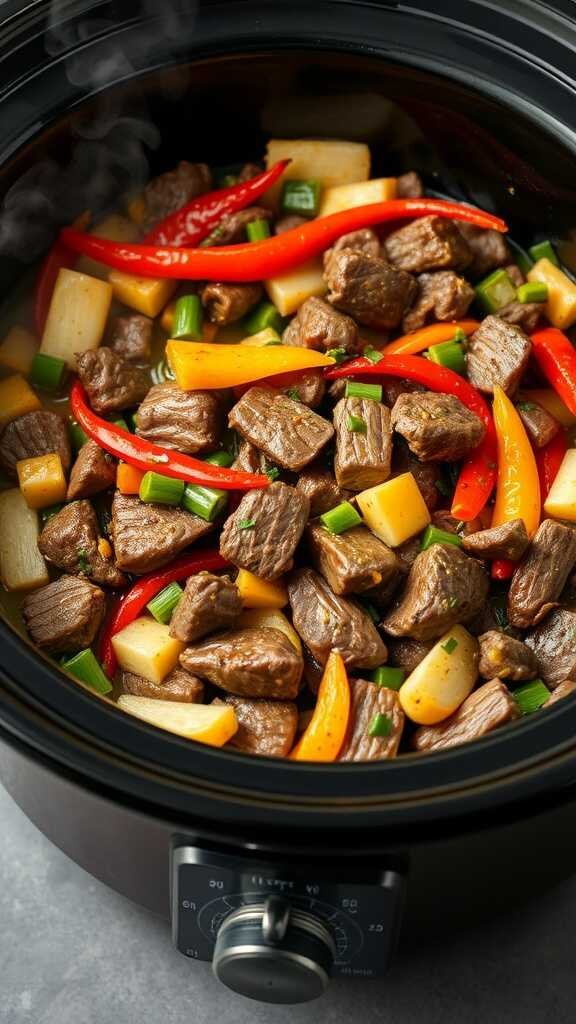 A delicious crockpot beef and vegetable stir-fry