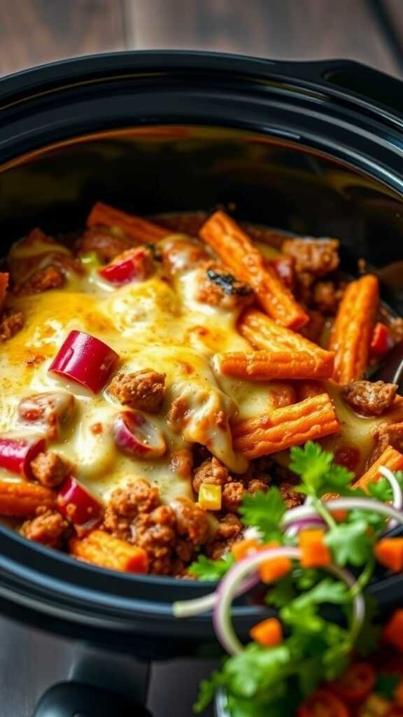 A delicious beef and veggie casserole prepared in a crockpot.