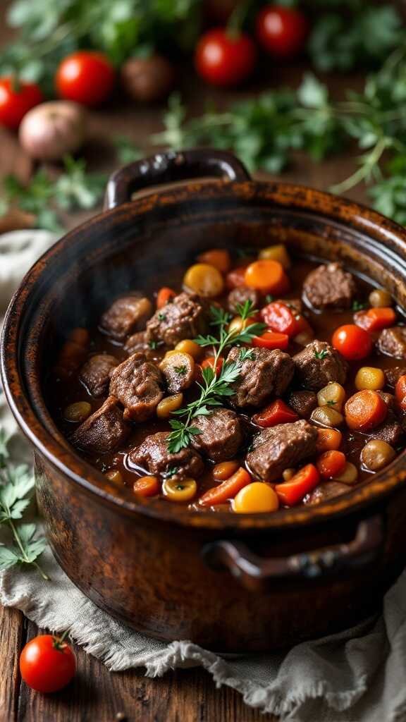 A bowl of Beef Bourguignon served with colorful vegetables.