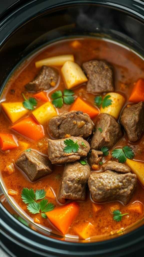 A delicious bowl of beef curry with coconut milk and vegetables.