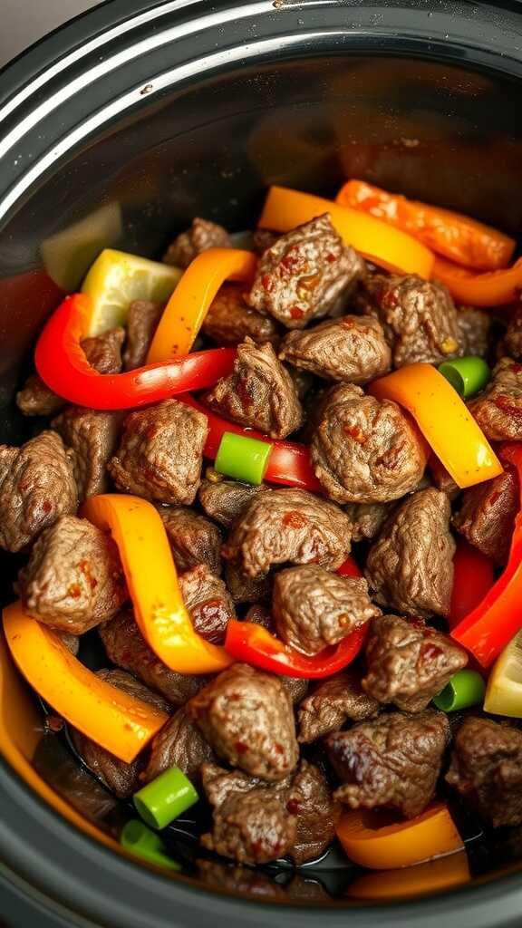 Crockpot beef fajitas with colorful peppers.