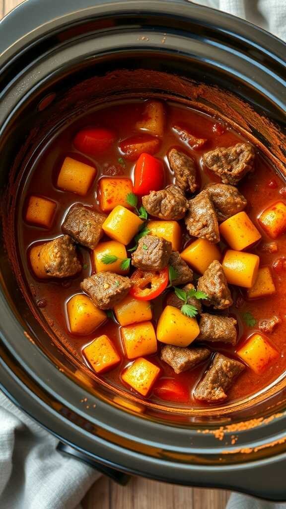 A hearty beef goulash with vegetables in a crockpot.