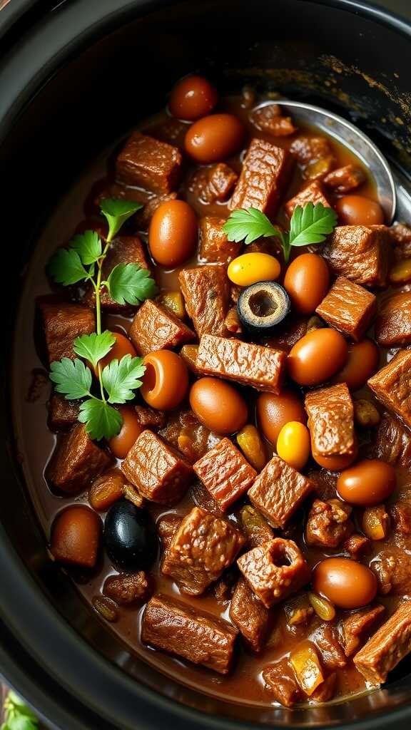 A bowl of beef picadillo with raisins and olives, garnished with cilantro.