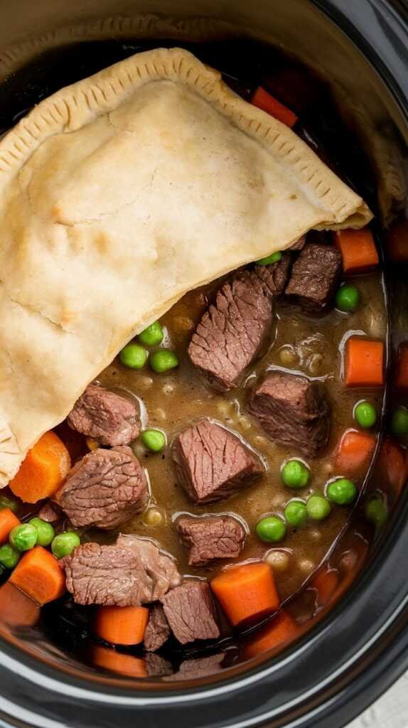 A delicious beef pot pie filling made in a slow cooker with tender beef and colorful vegetables.