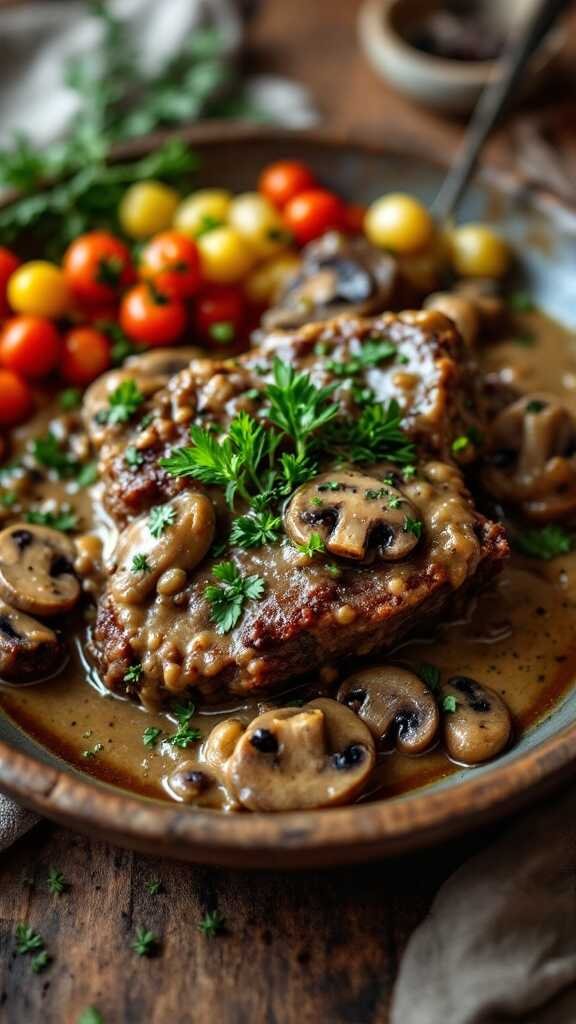Beef short ribs in creamy mushroom sauce with fresh herbs and cherry tomatoes