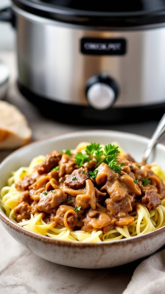 Photo of Beef Stroganoff served on a plate with noodles