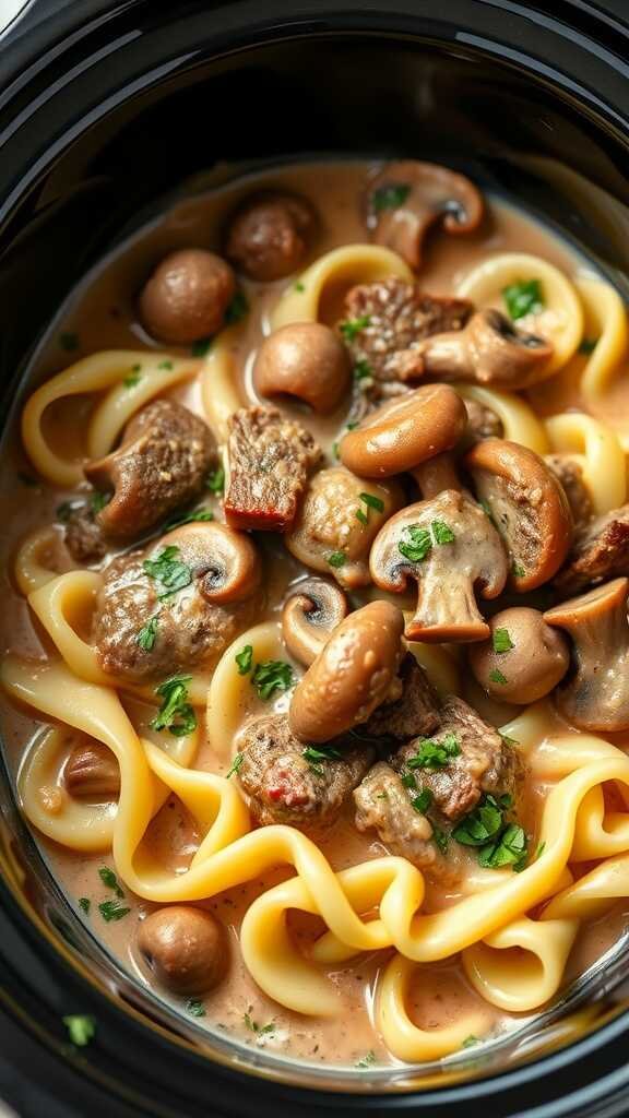 A delicious bowl of beef stroganoff with egg noodles, featuring tender beef, mushrooms, and a creamy sauce.