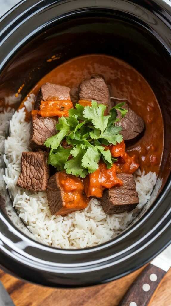 A bowl of beef tikka masala served with fluffy basmati rice, garnished with cilantro.