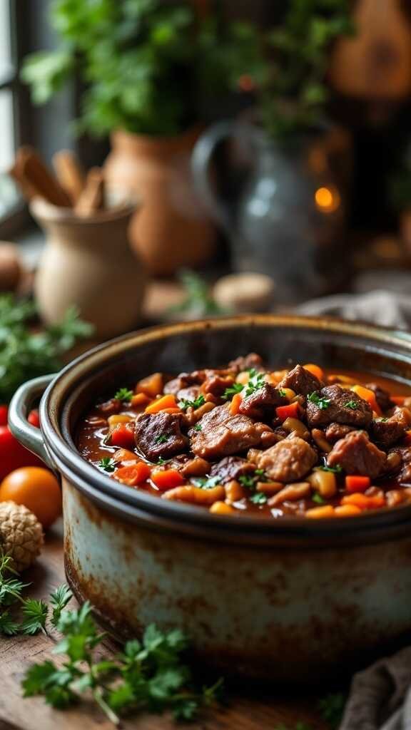 A hearty bowl of beef tongue stew with vegetables