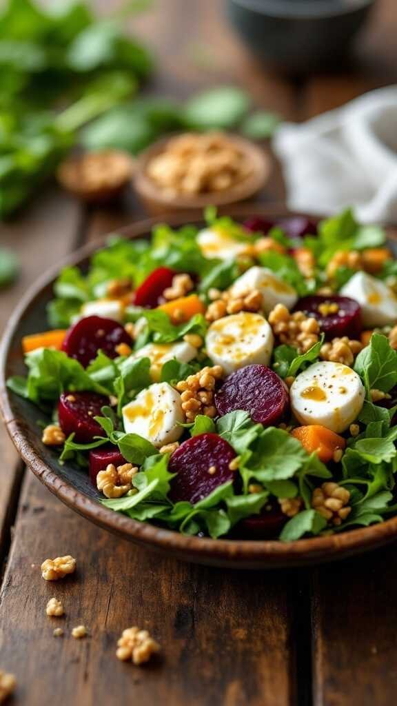 A vibrant beet and goat cheese salad with mixed greens and walnuts