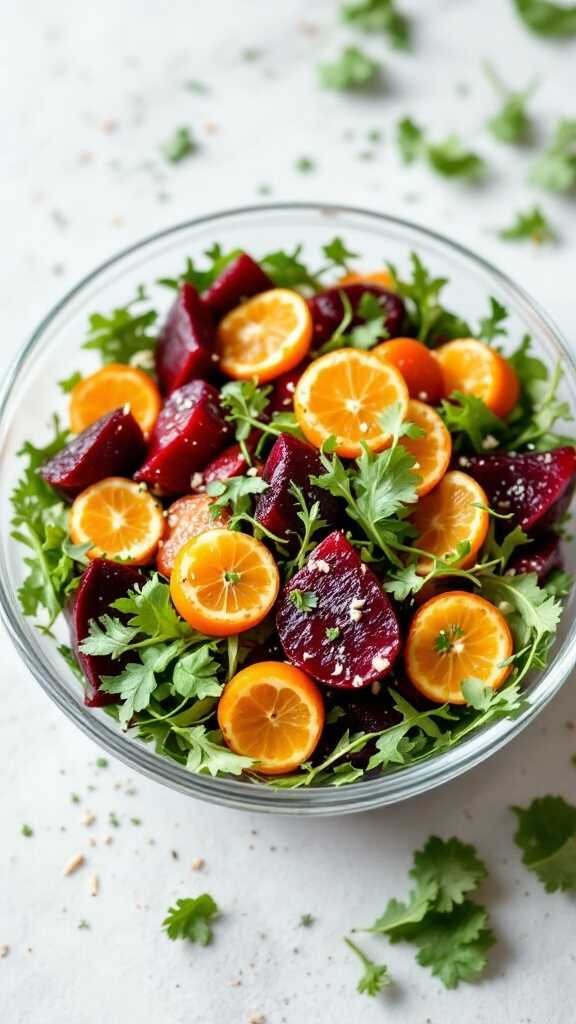 Beetroot and citrus salad with arugula and parsley in a bowl