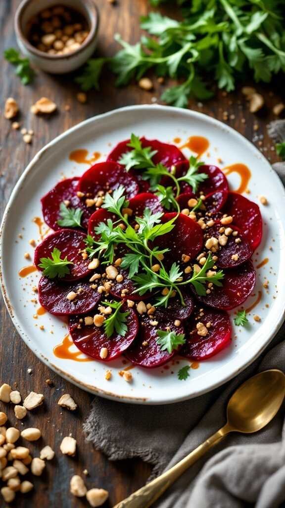 A plate of vibrant beetroot carpaccio garnished with nuts and herbs