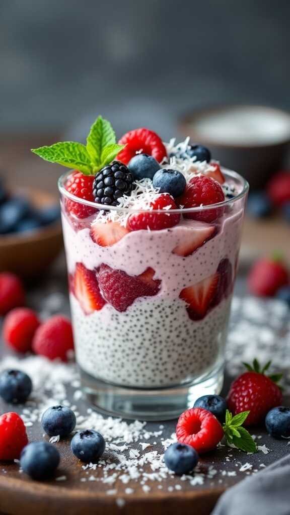 A glass of berry and coconut chia seed pudding topped with mixed berries and shredded coconut.