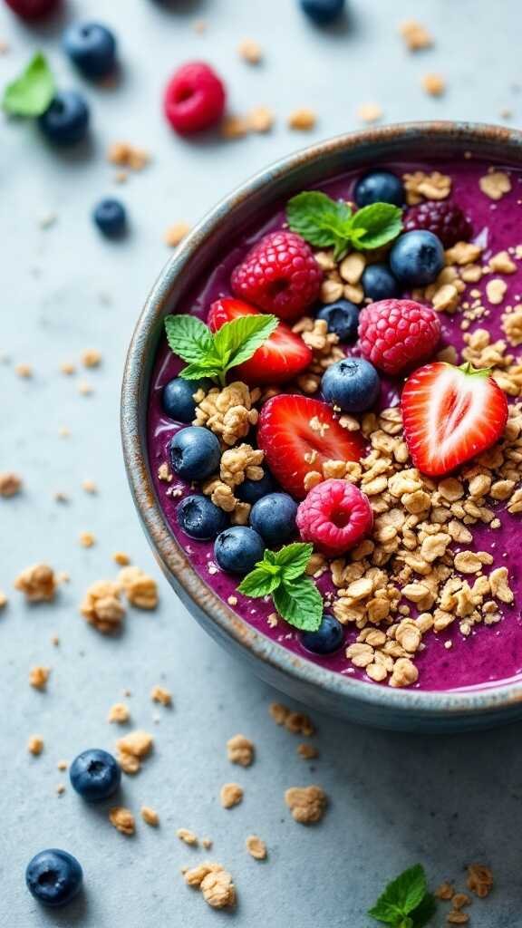 Berry smoothie bowl topped with granola and fresh berries