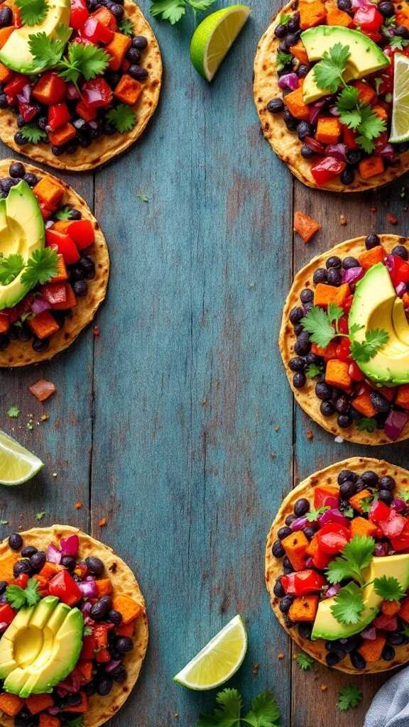 Colorful Black Bean and Chipotle Roasted Sweet Potato Tostadas topped with avocado and cilantro