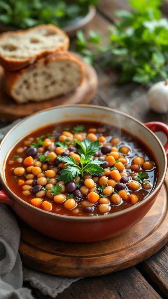 A hearty bowl of black-eyed pea soup garnished with parsley