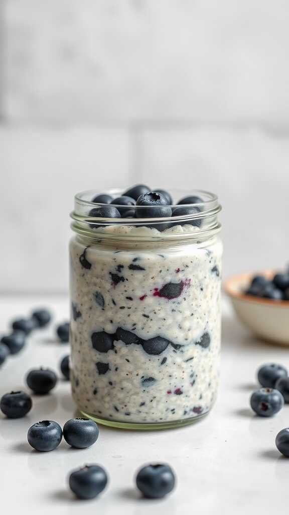 A jar of blueberry almond overnight oats topped with fresh blueberries and almonds.