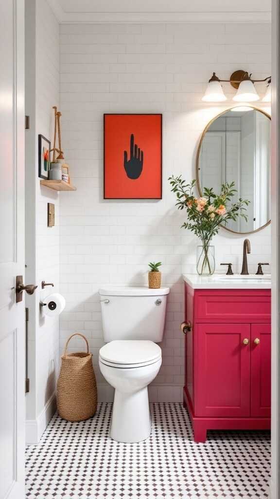 A modern small bathroom featuring a pink vanity, a vibrant artwork, and stylish decor.