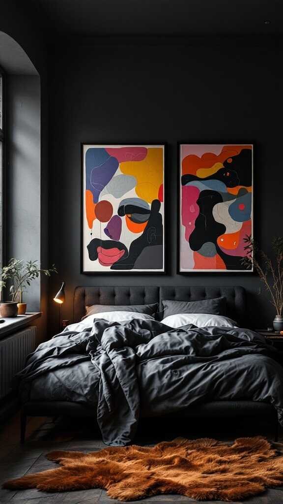 A dark bedroom featuring bold abstract artwork with vibrant colors, a cozy bed, and a stylish atmosphere.