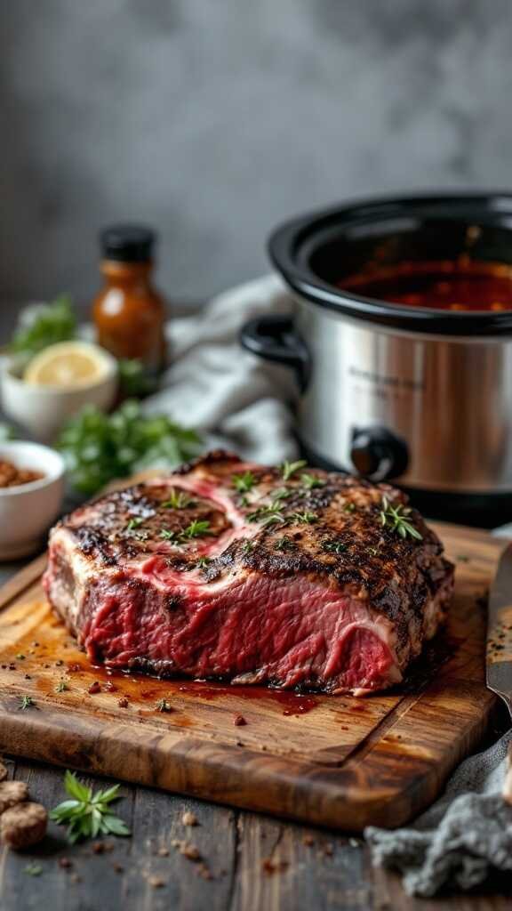 A beautifully cooked Bone-In Ribeye Roast on a wooden cutting board, ready to serve.