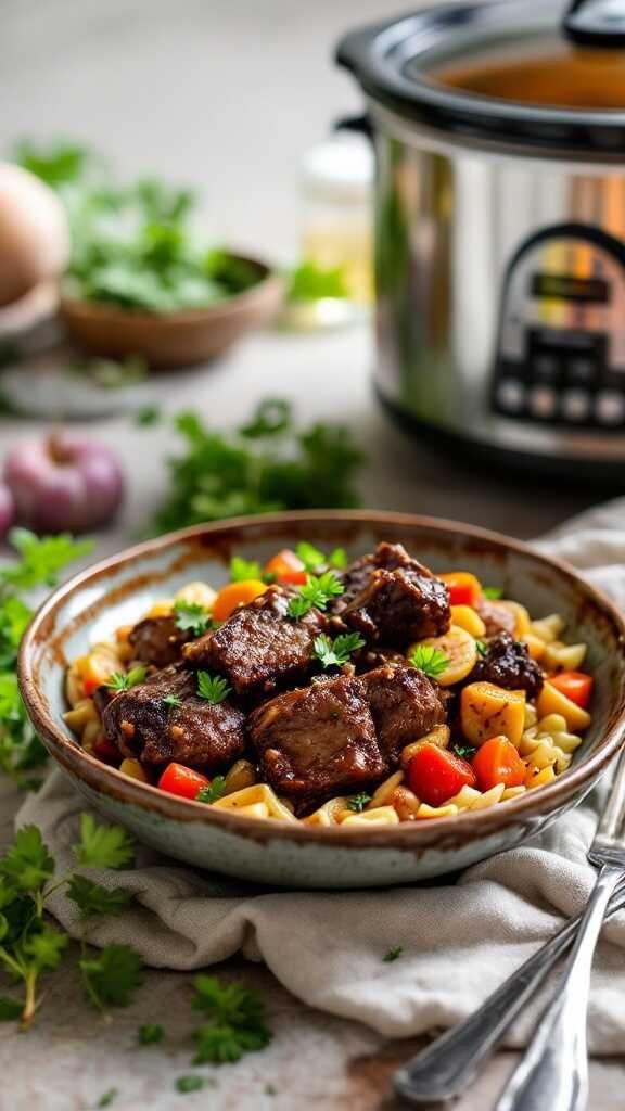 Braised short ribs served with vegetables in a bowl