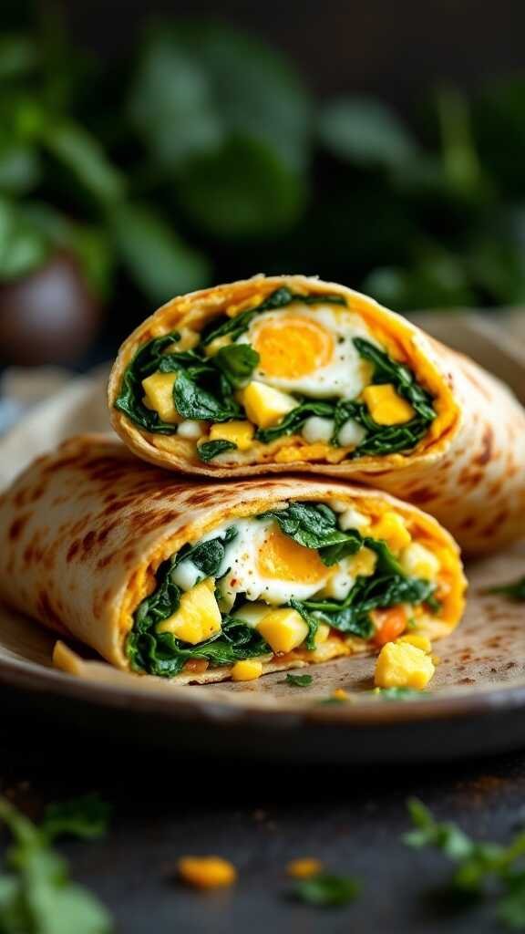 A delicious breakfast burrito filled with eggs and spinach, perfect for a nutritious meal.
