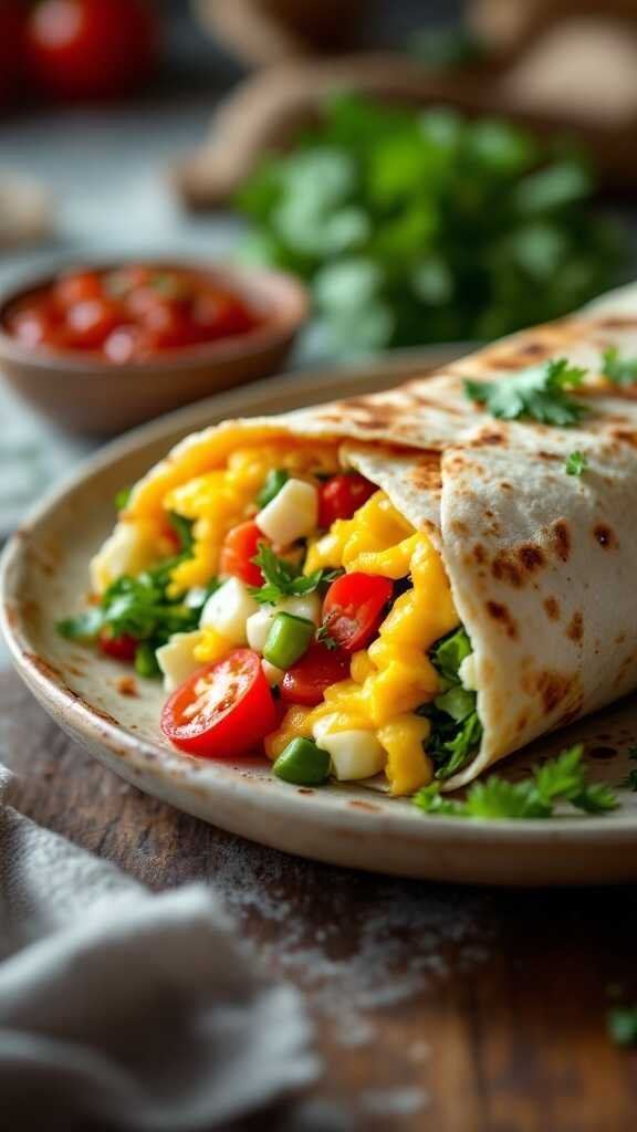 A delicious breakfast burrito filled with eggs, cheese, and colorful veggies, served with salsa.