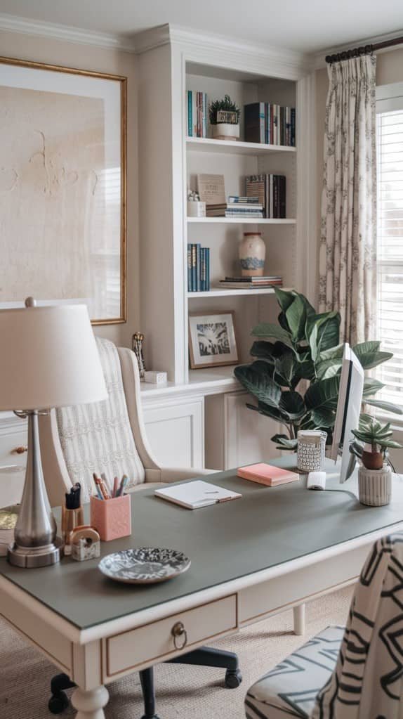A feminine home office setup with plants, framed pictures, and a cozy chair