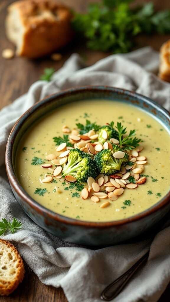 A creamy bowl of broccoli and almond soup garnished with almonds and parsley.