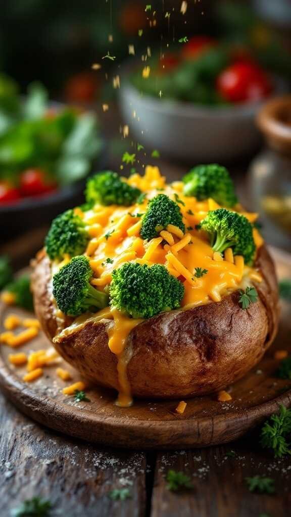 A delicious Broccoli and Cheddar Stuffed Baked Potato topped with fresh broccoli and melted cheese.