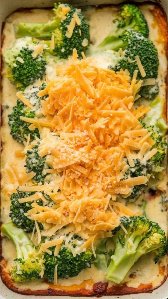 A close-up of a cheesy broccoli casserole with golden melted cheese and fresh broccoli florets.