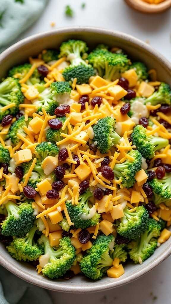 A vibrant bowl of broccoli and cheese salad with raisins and sunflower seeds.