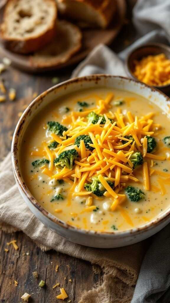 A bowl of broccoli cheddar soup topped with shredded cheese.