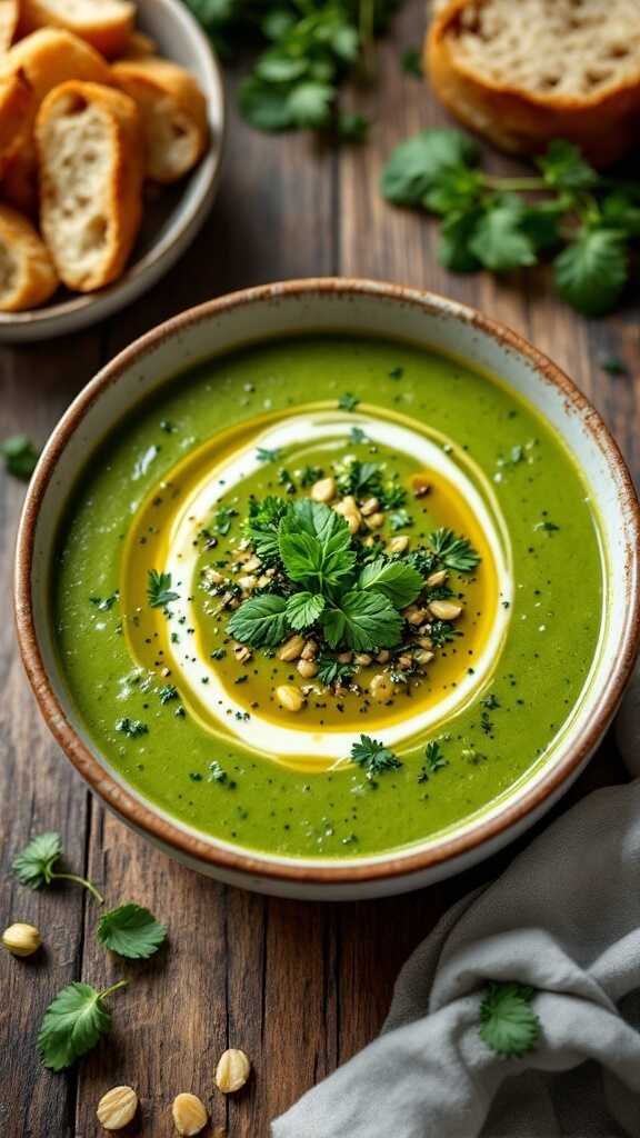 A bowl of vibrant green broccoli spinach soup garnished with herbs.