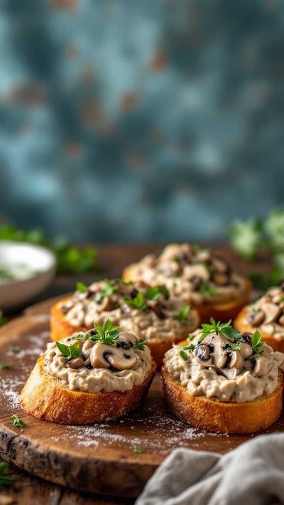 Bruschetta topped with mushroom pâté and garnished with parsley on a wooden board.